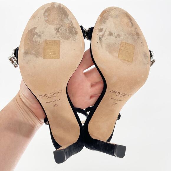 Jimmy Choo Black Suede Thyra 100 Crystal Embellished Sandal Heel size IT 38 - Picture 11 of 12